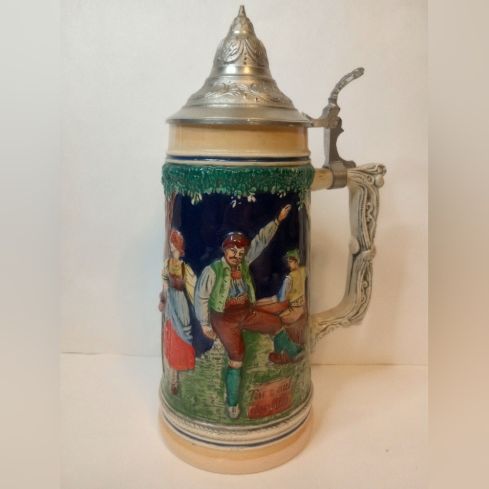 Colorful Ceramic German Beer Stein with Pewter Lid